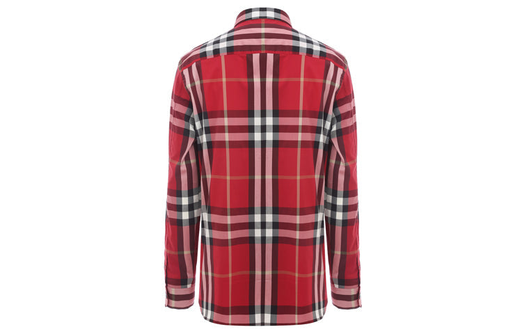 Men's Burberry Button Plaid Long Sleeves Shirt Red 80043591