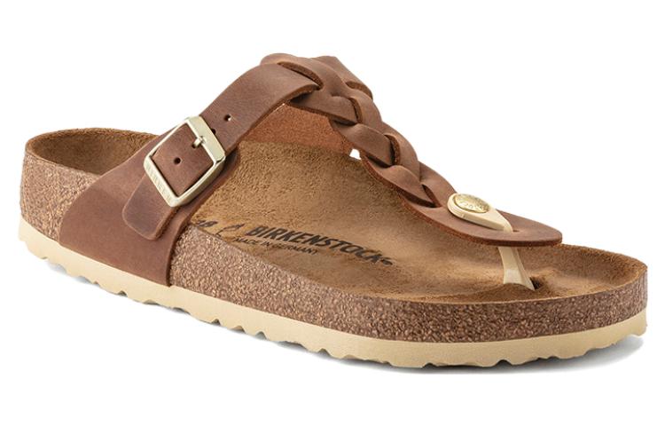 Birkenstock Gizeh Braided Waxy Leather Narrow Fit Sandals 'Cognac' 1021336
