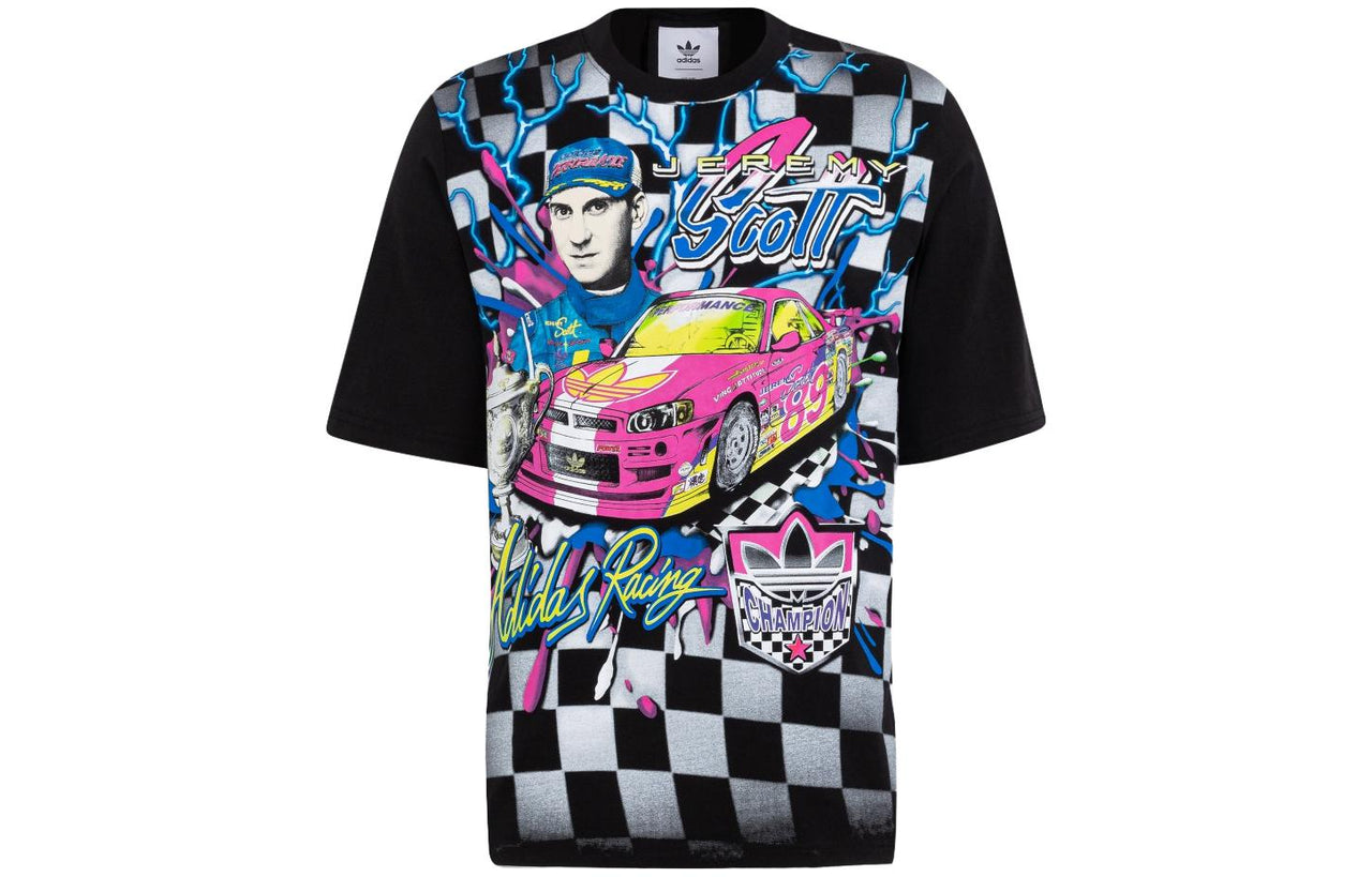 adidas originals x JEREMY SCOTT Crossover FW22 Casual Grid Printing Sports Short Sleeve Black T-Shirt HG6512