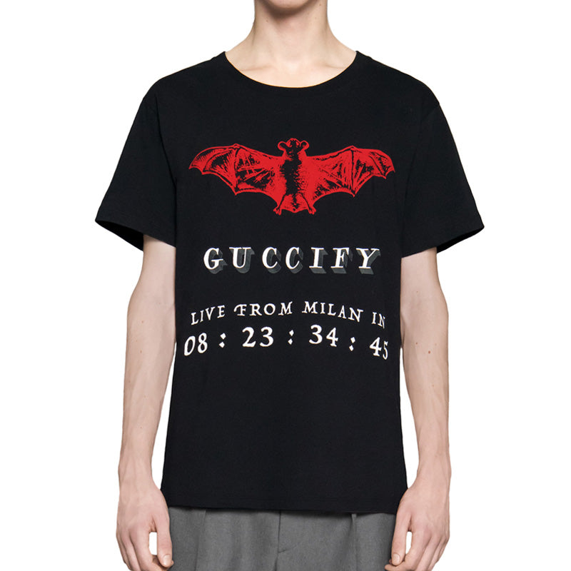 Men's Gucci Logo Printing Cotton Round Neck Short Sleeve Black T-Shirt 493117-X3N25-1082