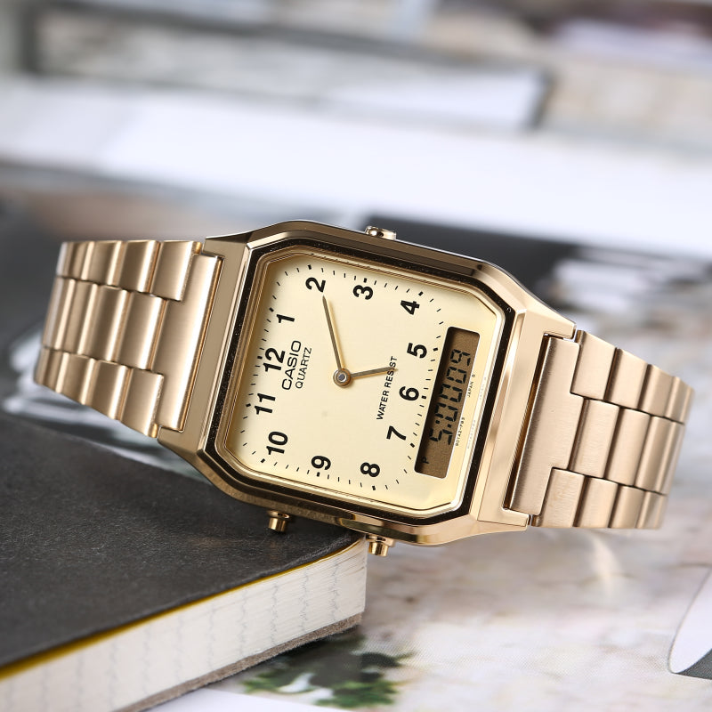 Quartz Waterproof Gold Retro Mens Gold Analog/Digital Combo AQ-230GA-9B