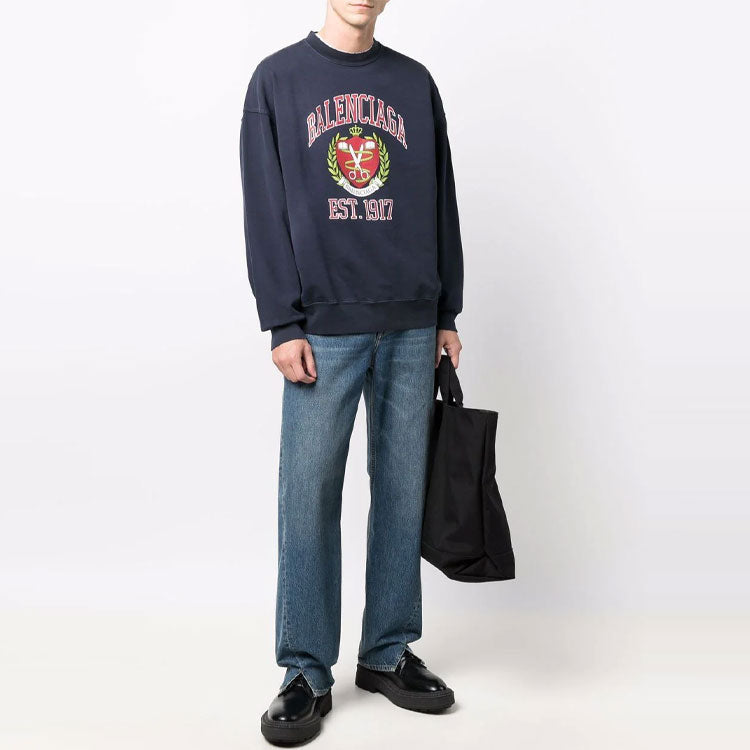 Balenciaga Est. 1917 College Logo Print Crewneck Sweatshirt 'Navy' 676629TLV908067