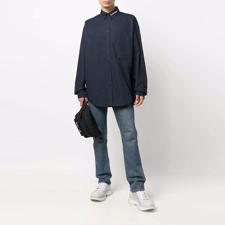 Balenciaga Logo Collar Long Sleeve Button Down Shirt 'Navy' 671586TYB184100