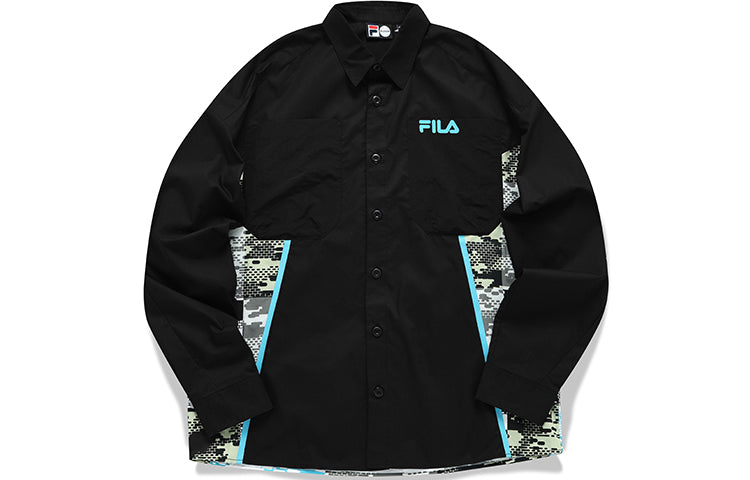 Men's FILA FUSION Contrasting Colors Camouflage Printing Loose Sports Long Sleeves Shirt Black T11M136401F-BK