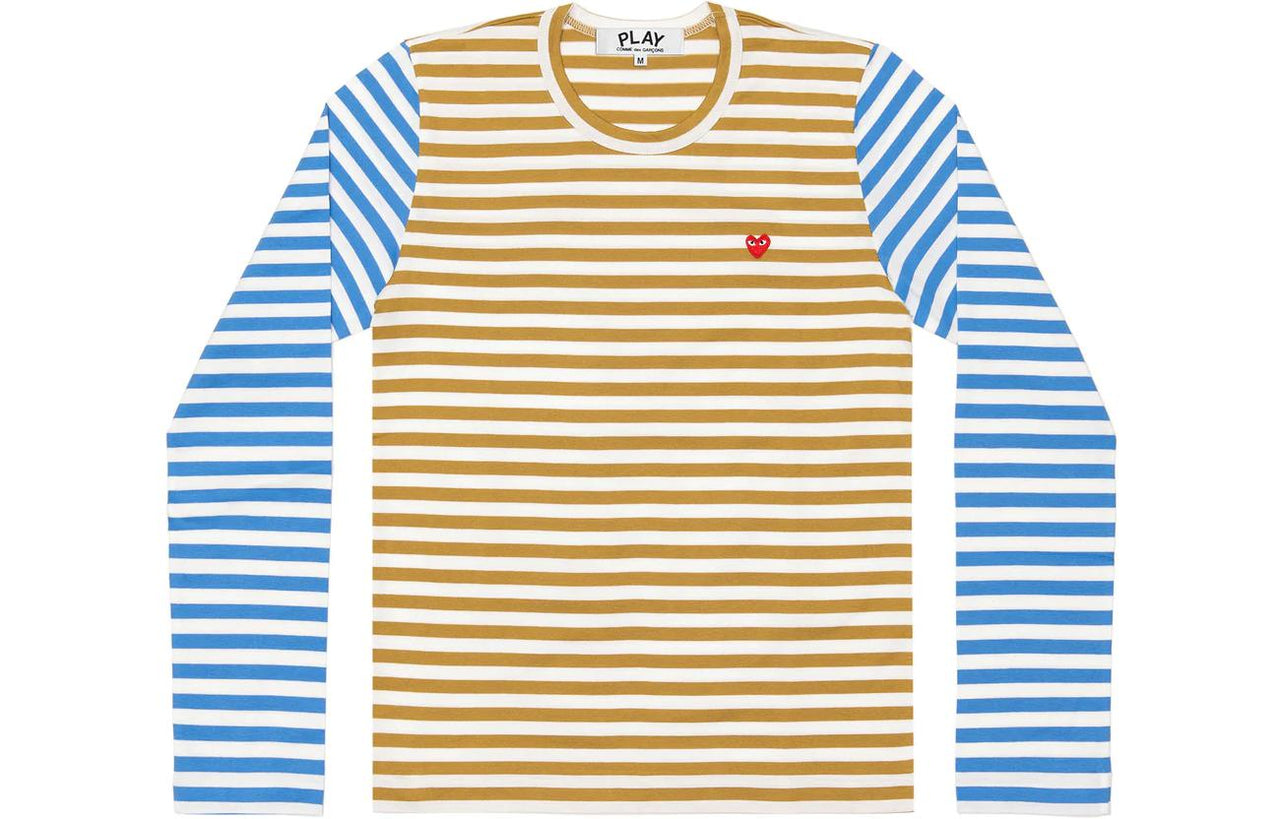 COMME des GARCONS PLAY L/S Bi-Colour Striped Small Emblem T-Shirt 'Olive Blue' AZ-T318-051-5