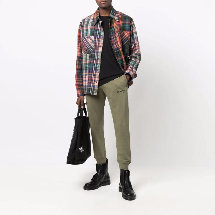 Off-White FW21 Logo Elastic Waistband Straight Sports Long Pants Ordinary Version Dark Green OMCH035F21FLE0015510