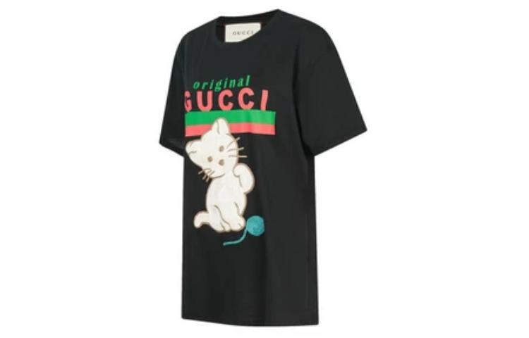 (WMNS) Gucci Cat Alphabet Cartoon Round Neck Pullover Short Sleeve Black 615044-XJCRG-1082