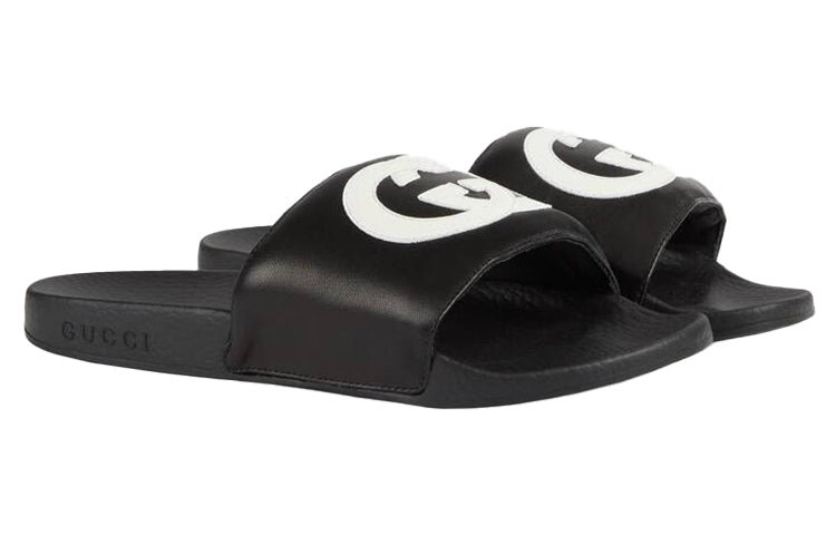 (WMNS) صندل غوتشي إنترلوك مزدوج النعل الناعم بكعب مسطح أنيق باللون الأسود 645770-0R0F0-1071