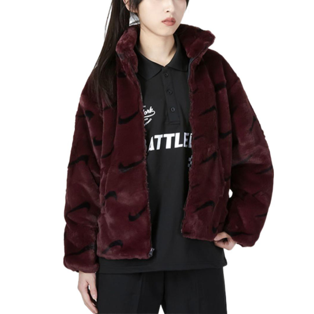 (WMNS) Nike Printed Faux Fur Jacket Asia Sizing 'Burgundy' DQ6843-652
