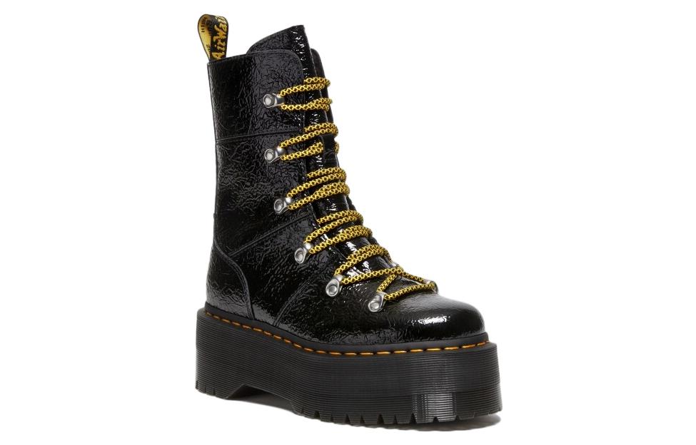 (WMNS) Dr. Martens Ghilana Max Distressed Patent Leather Platform Boots 'Black' 27788001