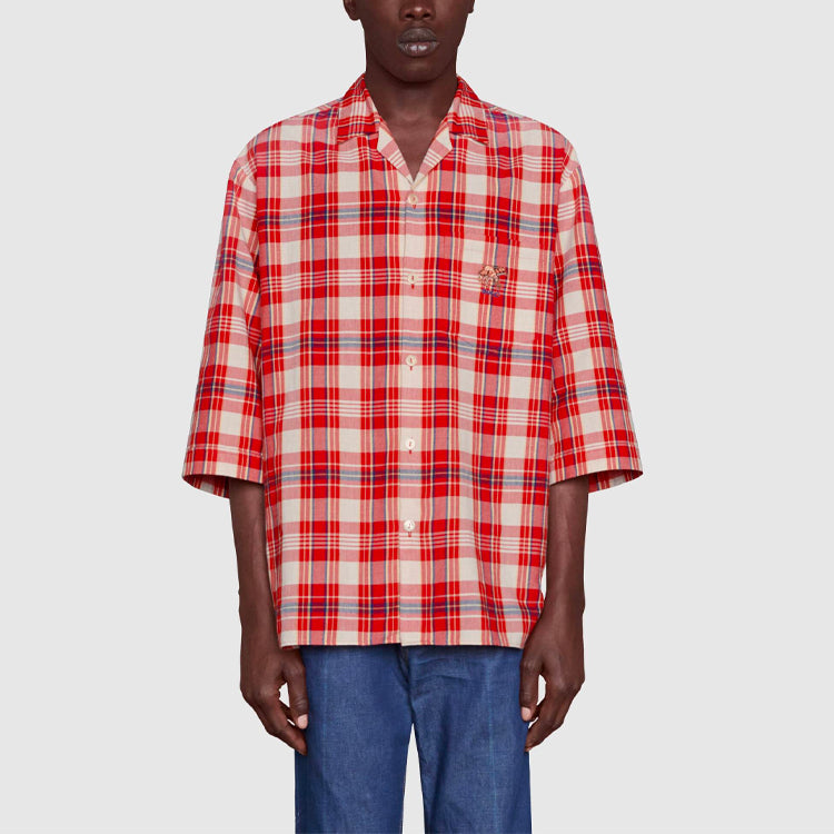 Gucci FW21 animal Embroidered Plaid Short Sleeve Shirt Red 653446-ZAG0O-6172