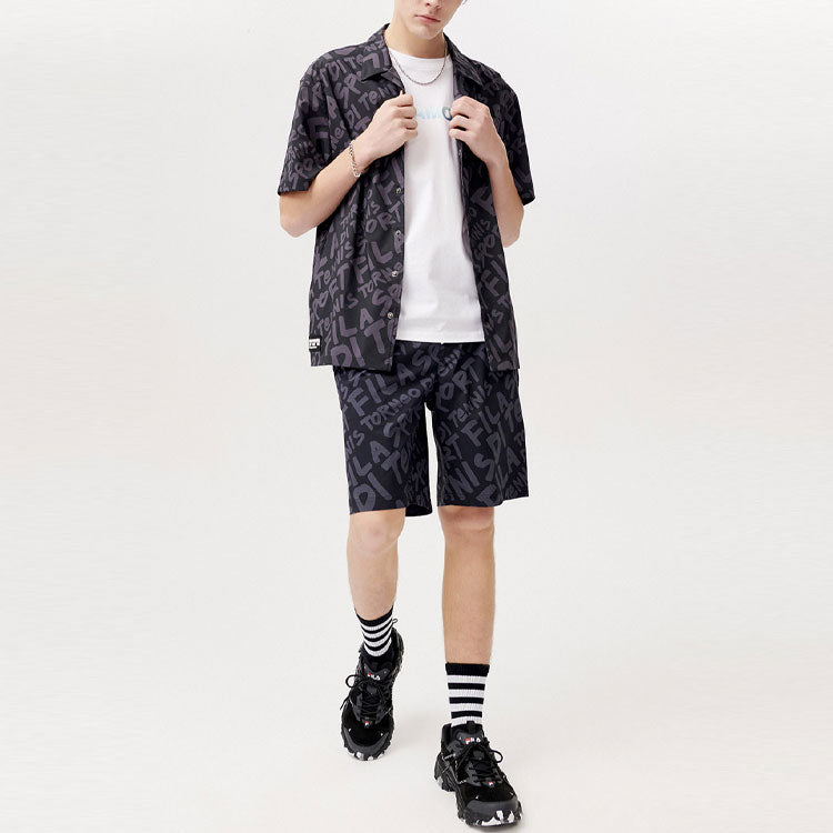 FILA FUSION Logo Full Print Loose Short Sleeve Shirt Black T11M121402F-BK