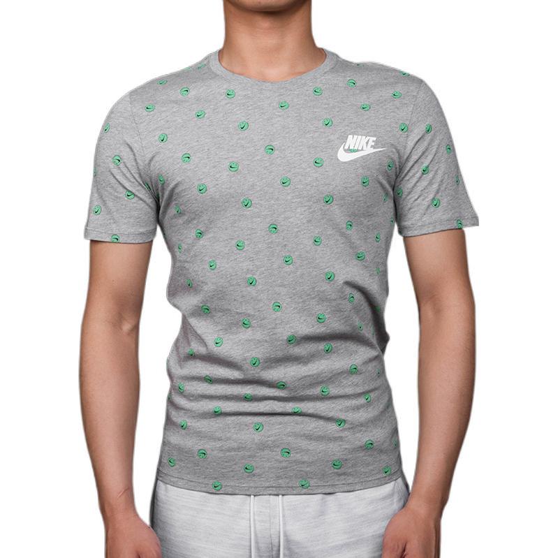 Men's Nike Round Neck Smiling Face Full Print Printing Logo Athleisure Casual Sports Short Sleeve Gray T-Shirt 911965-063
