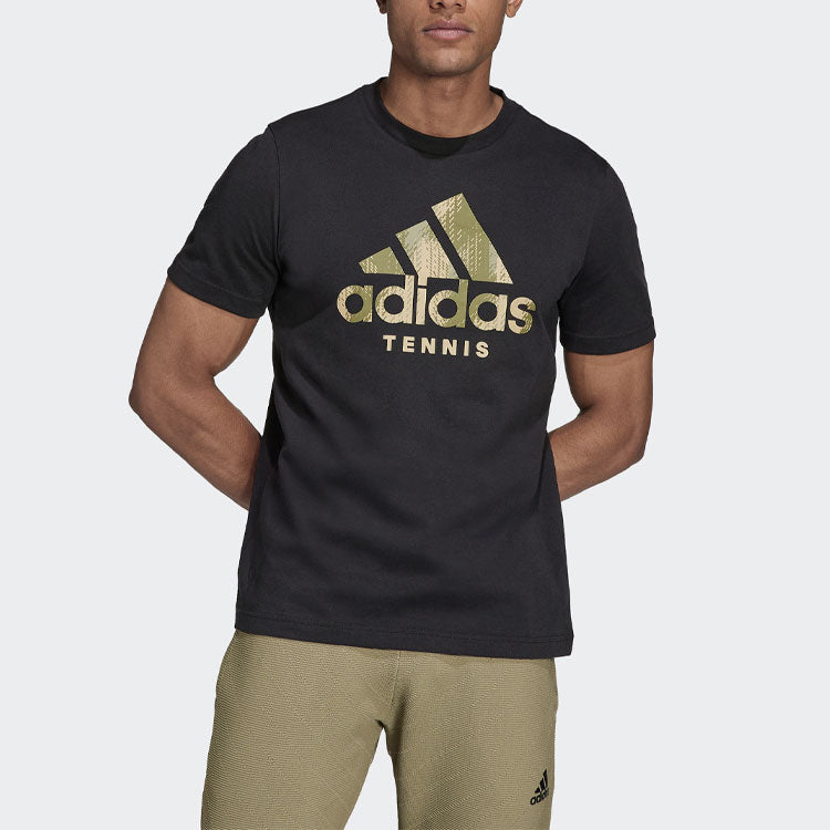 Men's adidas Camouflage Logo Printing Tennis Sports Round Neck Short Sleeve Black T-Shirt HB2744