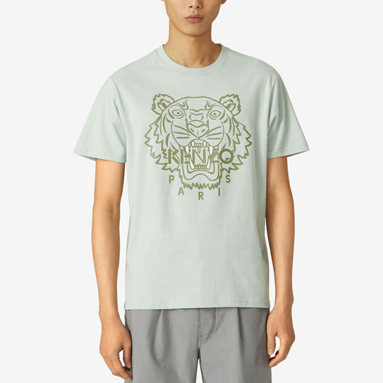 Men's KENZO SS21 Tiger Head Printing Round Neck Short Sleeve Gray Green FB55TS0204SF-61