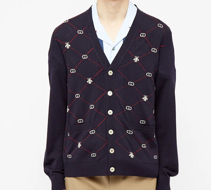 Gucci GG Jacquard and Bee Cardigan Navy 597741-XKA4I-4206