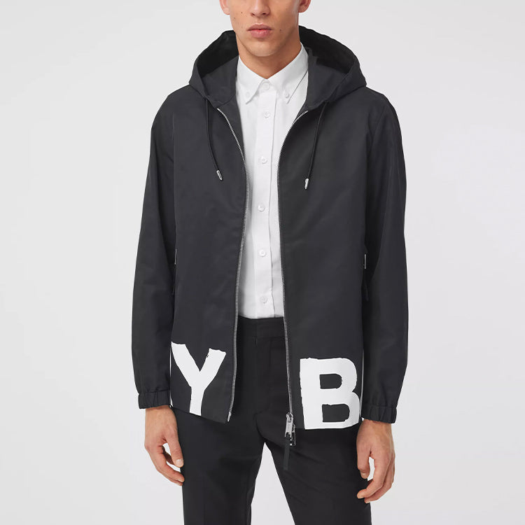 Men's Burberry Logo Printing Nylon Hooded Jacket Black 80374871