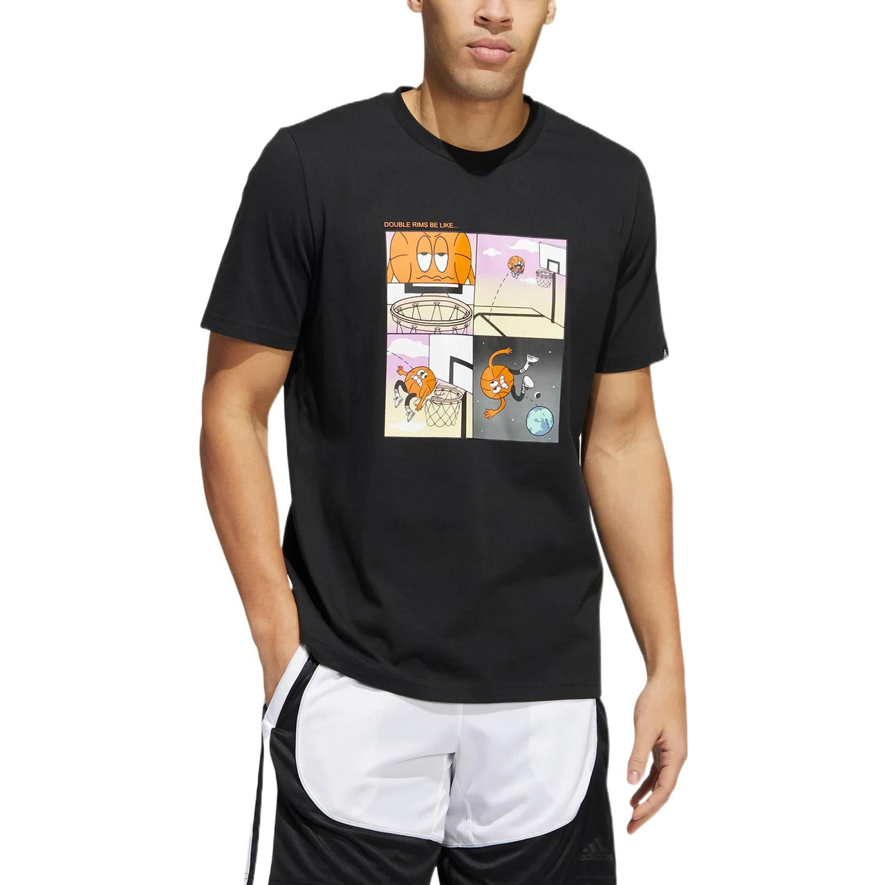 Men's adidas Cartoon Shooting Printing Pattern Round Neck Short Sleeve Black T-Shirt HK6728