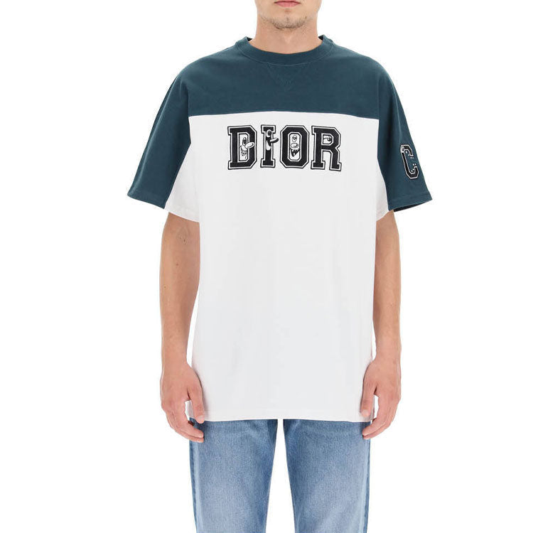 Men's DIOR Logo Printing Colorblock Round Neck Short Sleeve Green T-Shirt 193J646A0554-680