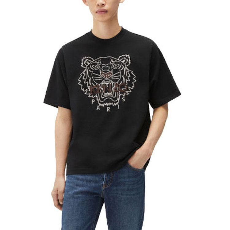 Men's KENZO Tiger Head Printing Loose Short Sleeve Black T-Shirt FB65TS0894YF-99