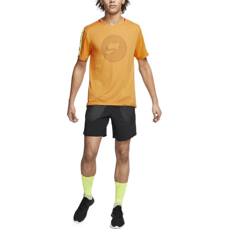 Men's Nike Chest Logo Mesh Stripe Round Neck Short Sleeve Orange T-Shirt BV5599-886