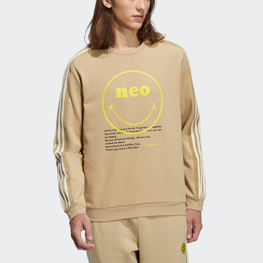 Men's adidas neo x SMILEY Crossover Smly Swt Smiling Face Printing Stripe Sports Round Neck Pullover Khaki H45522