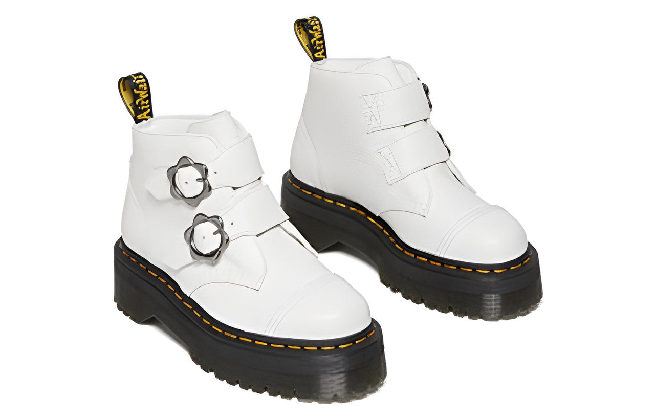 (WMNS) Dr.Martens Devon Flower Buckle Leather Platform Boots 'White Black' 27642100