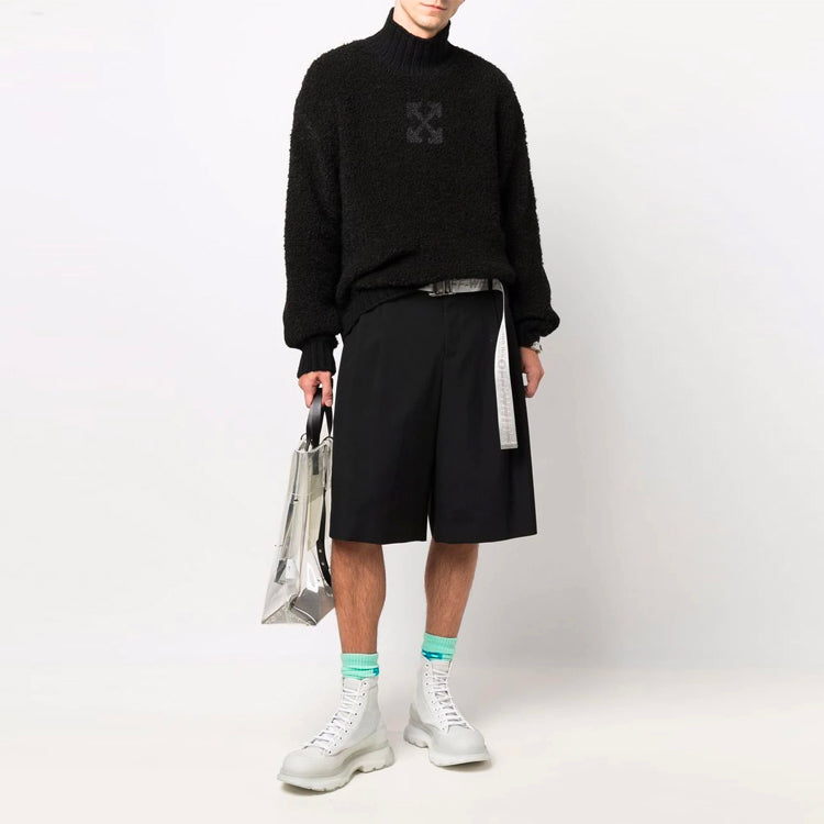 Men's Off-White FW21 Logo Pattern Solid Color High Collar Wool Sweater Loose Fit Black OMHA130F21KNI0011010