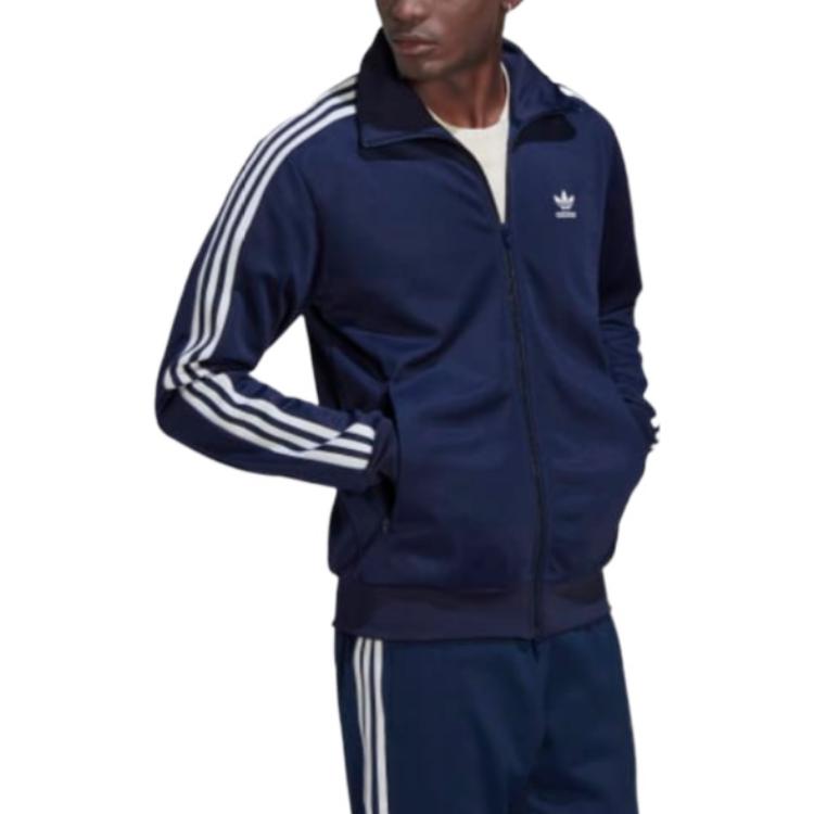 Men's adidas originals Retro Sports Stripe Logo Zipper Stand Collar Jacket Navy Blue HK7364