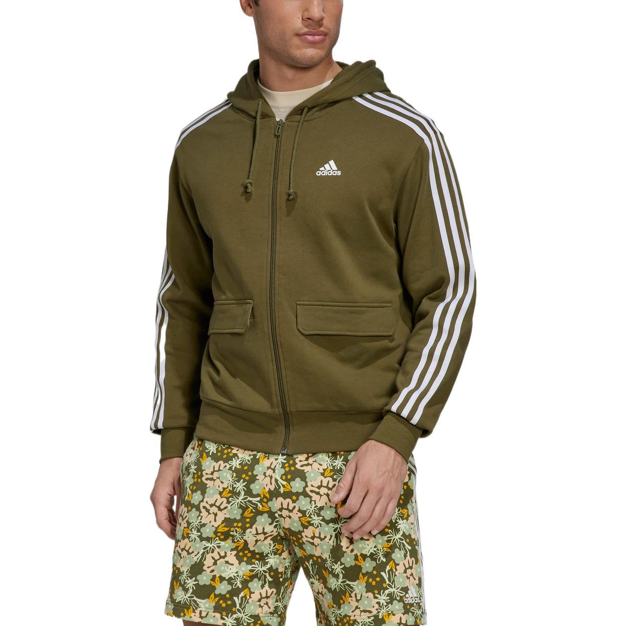 Men's adidas Alphabet Florets Funny Printing Sports Zipper Hooded Jacket Green HS3507