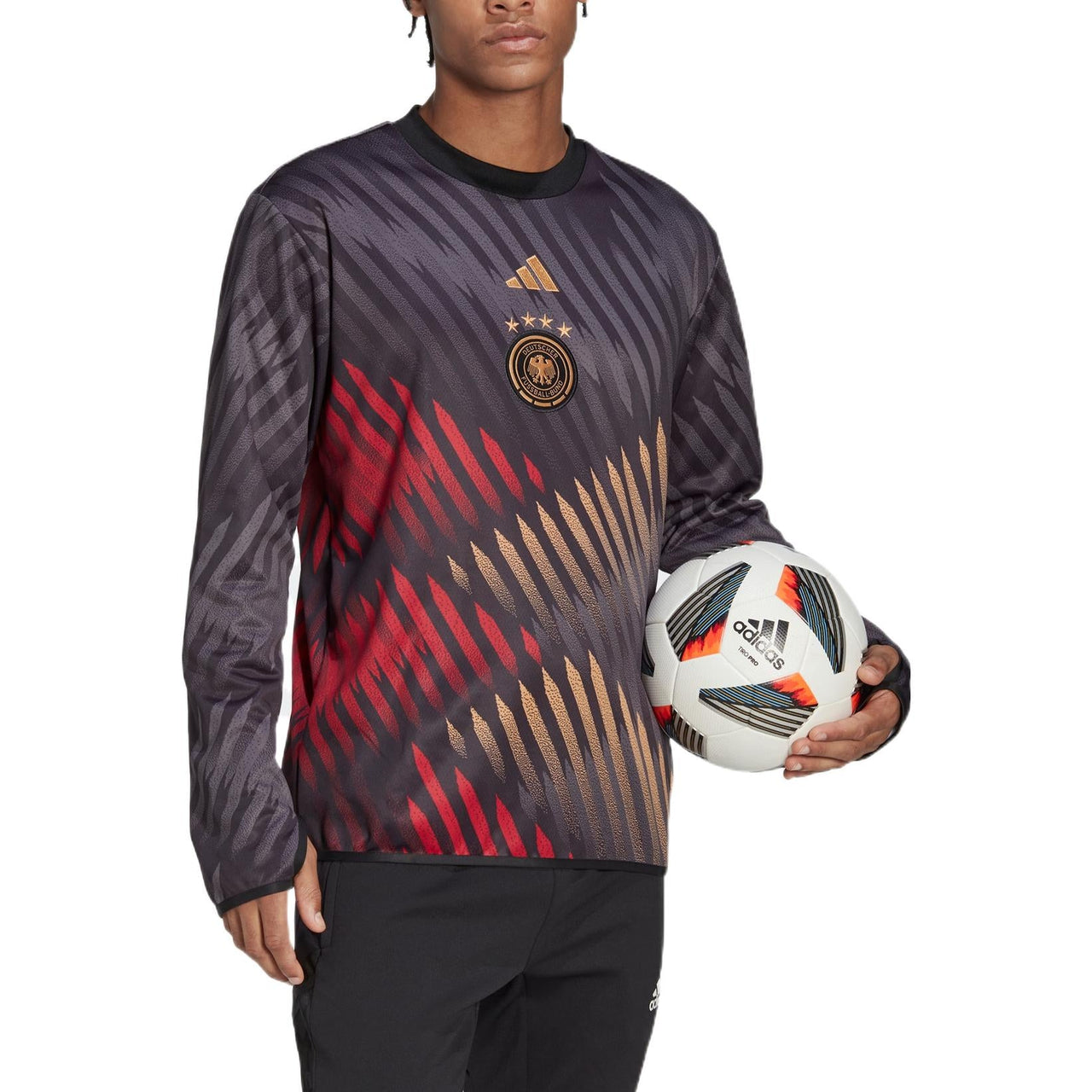 Men's adidas Dfb Pre Wrmtop Round Neck Stripe Detail Logo Printing Pullover Long Sleeves Black HC1285