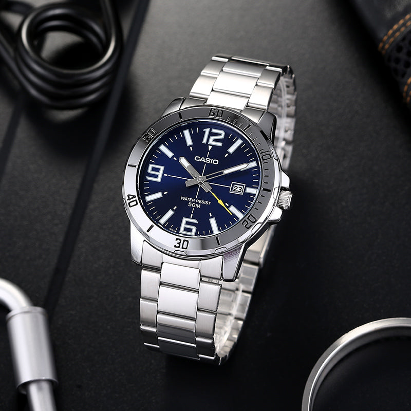 CASIO Stainless Steel Strap Waterproof Mens Silver Analog MTP-VD01D-2B
