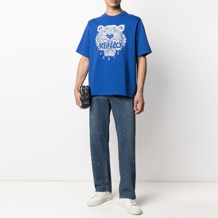 Men's KENZO SS21 Tiger Head Pattern Embroidered Logo Loose Round Neck Short Sleeve Blue FB55TS0694YF-71