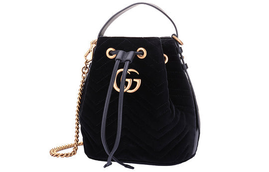 Gucci GG Marmont Gold Label Logo Velvet Drawstring Bucket Bag Chain Handbag Black 525081-9FRDT-1000