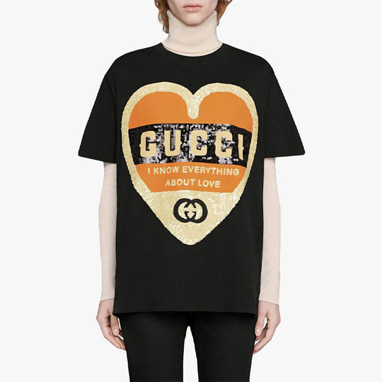 (WMNS) Gucci Love Logo Round Neck Short Sleeve Black 492347-XJB72-1082