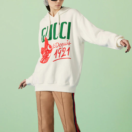 (WMNS) Gucci Cotton jersey hooded sweatshirt with Gucci Depuis 1921 cat print 'White' 717427-XJFNL-9095