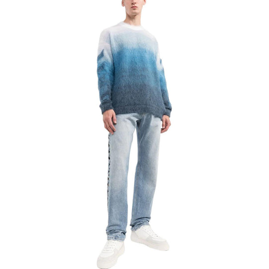 Men's Off-White SS22 Gradient Stripe Printing Pullover Round Neck Long Sleeves Wool Sweater Version Blue OMHE098F22KNI0014242