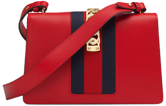 (WMNS) Gucci Sylvie Gold buckle Stripe Webbing Bow Wide Version Leather handbag Small Red 421882-CVLEG-8604