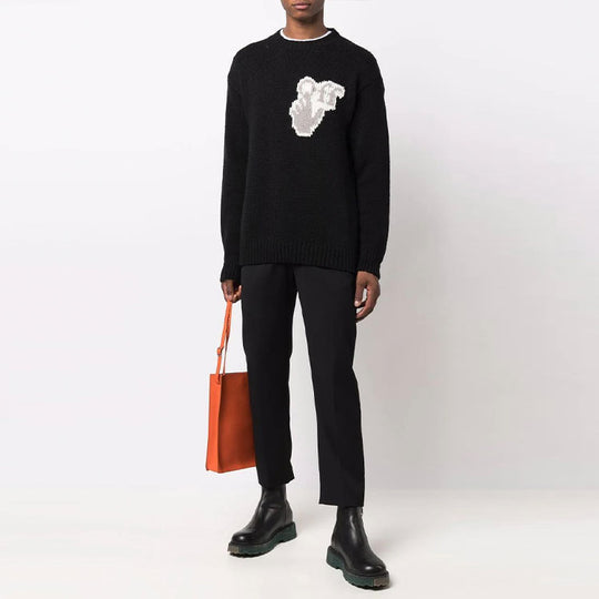 Men's Off-White FW21 Hands Off Logo Alphabet Round Neck Wool Sweater Loose Fit Black OMHE085F21KNI0011009