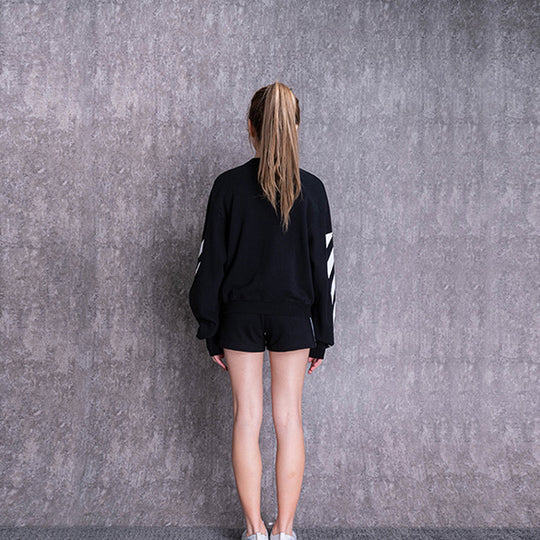 (WMNS) Off-White Casual Colorblock Logo Round Neck Pullover Hoodie Black OWBA043R19C480691001