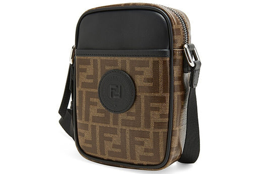 FENDI Logo FF Pattern Black Circular Logo Canvas Shoulder Messenger Bag Brown / Black 7VA456-A5K4-F17PZ