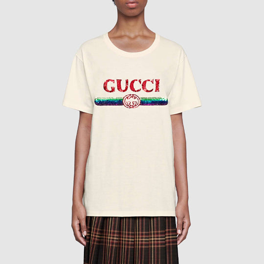 (WMNS) Gucci Sequined Letter Logo Oversized Short-Sleeved For White 492347-XJARM-7136