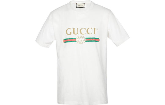 (WMNS) Gucci Large logo Belt Printing Short Sleeve White 457095-X5L89-9234