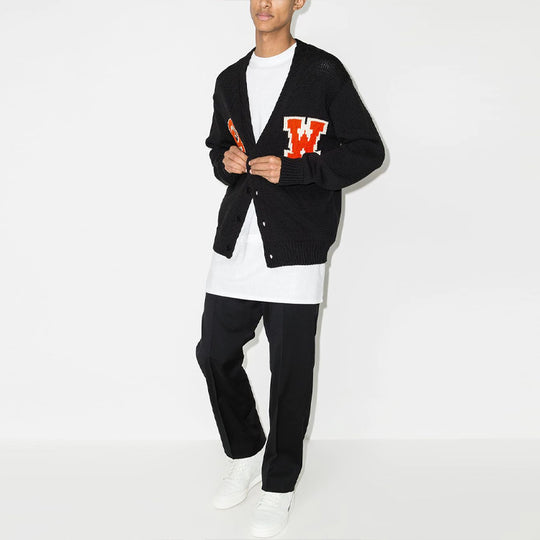 Off-White Logo Intarsia V neck single breasted Knit Cardigan Loose Fit Black OMHB014C99KNI0011020