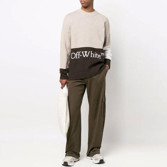 Men's Off-White SS22 Logo Intarsia Colorblock Wool Sweater Beige OMHE048S22KNI0011761