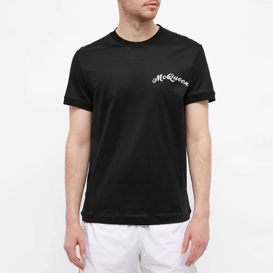 Men's Alexander McQueen FW21 Logo Micro Mark Embroidered Casual Short Sleeve Black 624180-QRX01-1000