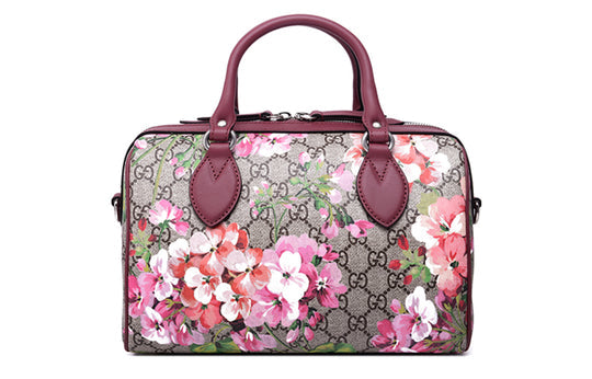 (WMNS) Gucci GG Blooms Logo Printing Canvas Boston Small Ebony / Pink / Wine Red Handbag 409529-KU2IN-8693