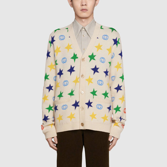 Men's Gucci FW21 Double G Star Full Print Jacquard V Neck Wool Cardigan White 663454-XKBXY-9275