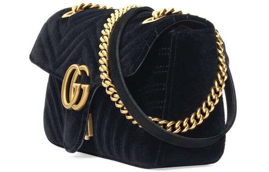 (WMNS) Gucci GG Marmont Gold Logo Velvet Chain Shoulder Messenger Bag Small Black Classic 443497-K4D2T-1000