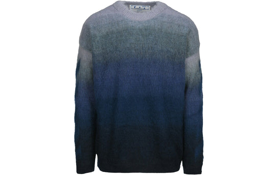 Men's Off-White Gradient Effect Round Neck Long Sleeves Wool Sweater Loose Fit Blue OMHE098F21KNI0014545